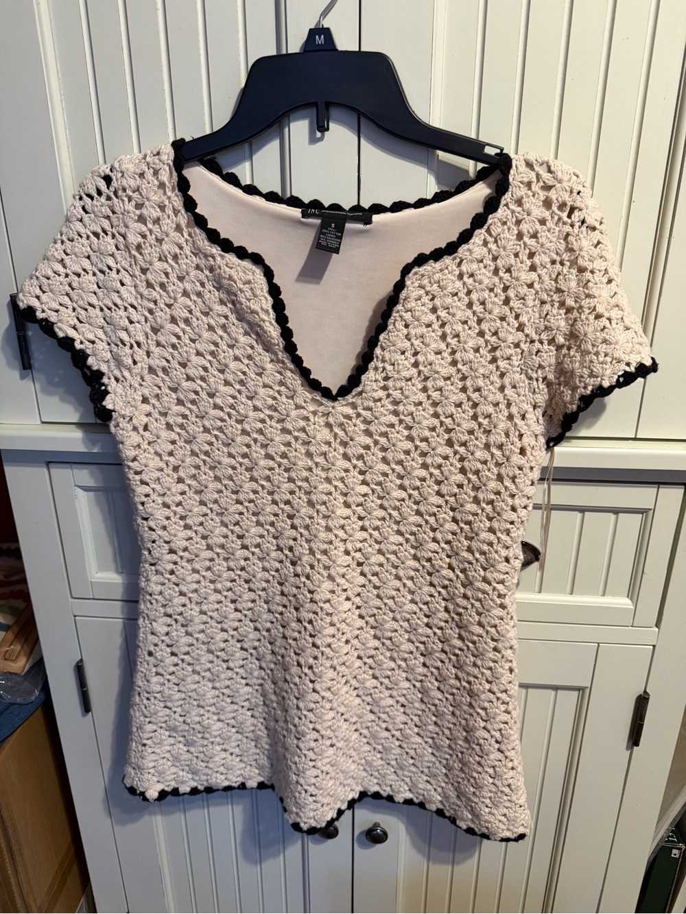 Cream Crochet Knit Short-Sleeve Top with Black Trim